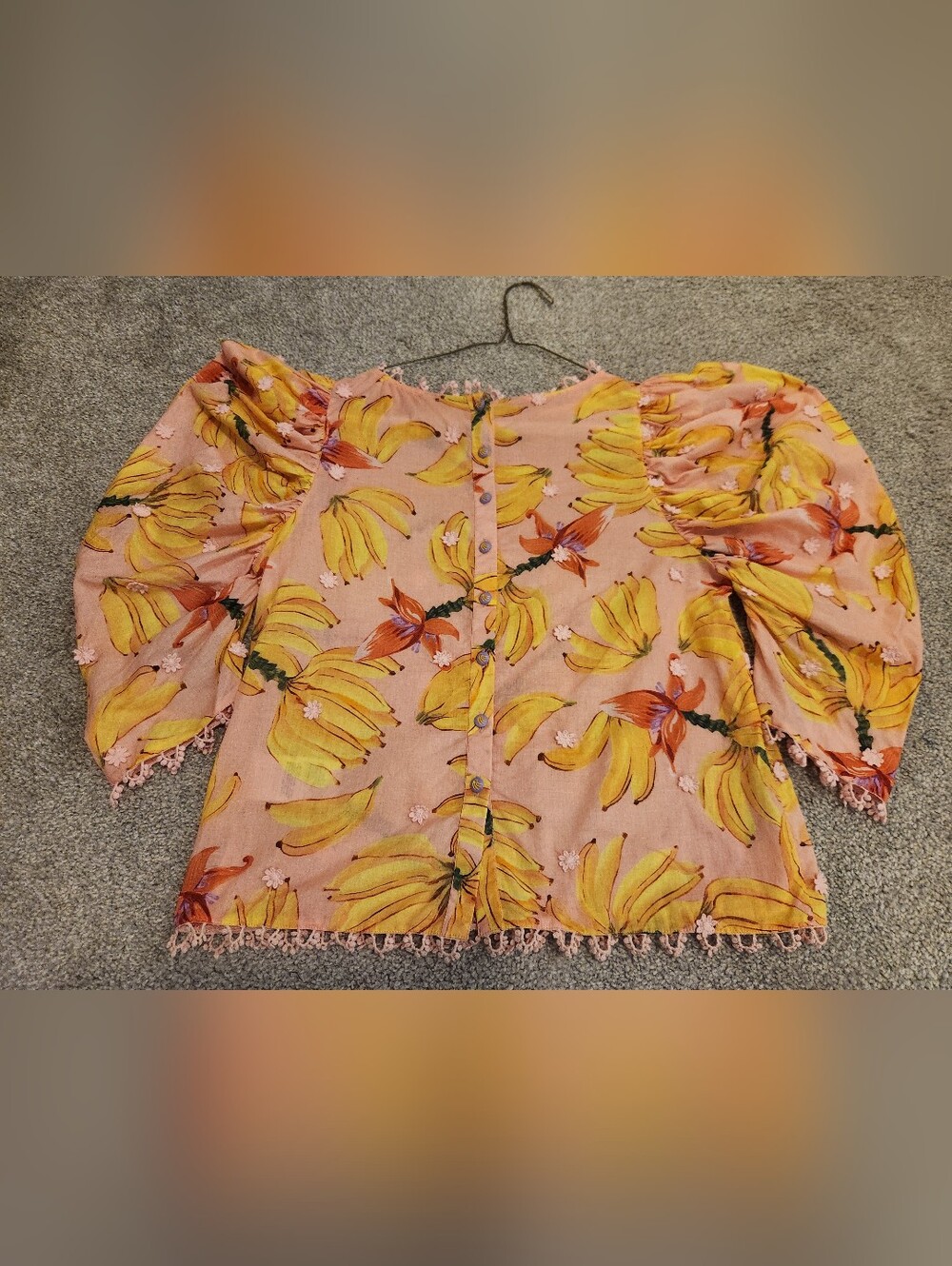 FARM Rio Pink Banana-Print Puff-Sleeve Blouse - XS - Picture 12 of 12